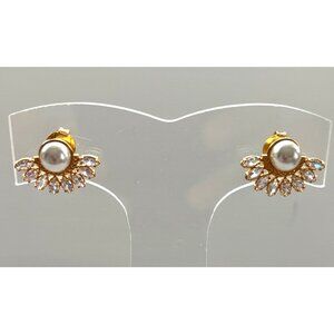 Gold-Plated Pearl & CZ Fan Earrings Elegant Design 0.5" Width Timeless Jewelry F